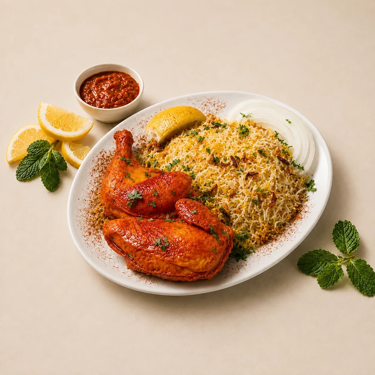 مندي دجاج — نصف دجاجة مطهوة بالأعشاب والبهارات، تُقدّم مع أرز المندي العطري.